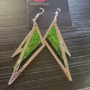 Paparazzi Silver and Green Angular Earrings